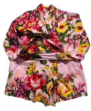 Girls Floral Wrap Robe Approx Sz 6/7 Pink Cottagecore Tie Waist Kimono